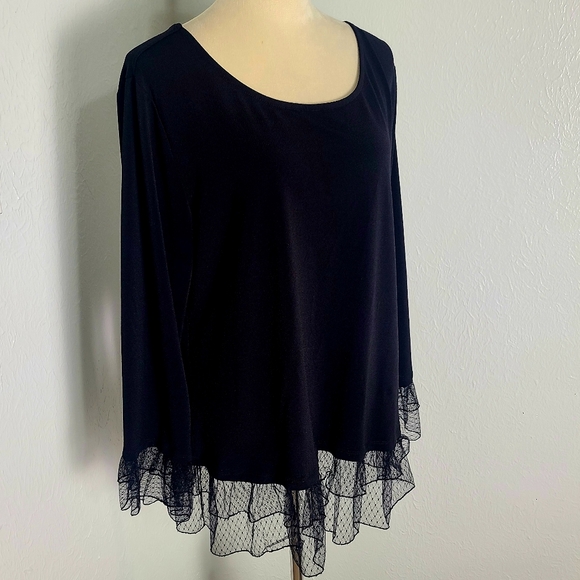 Adiva Elegant Black Top with Sheer Dotted Ruffle Hemline & Ruffle Cuffs, Size XL - Picture 2 of 8